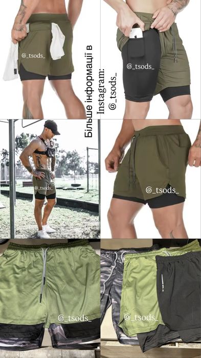 Шорти чоловічі спортивні 2 в 1 з підкладкою кишеню для телефону чорні