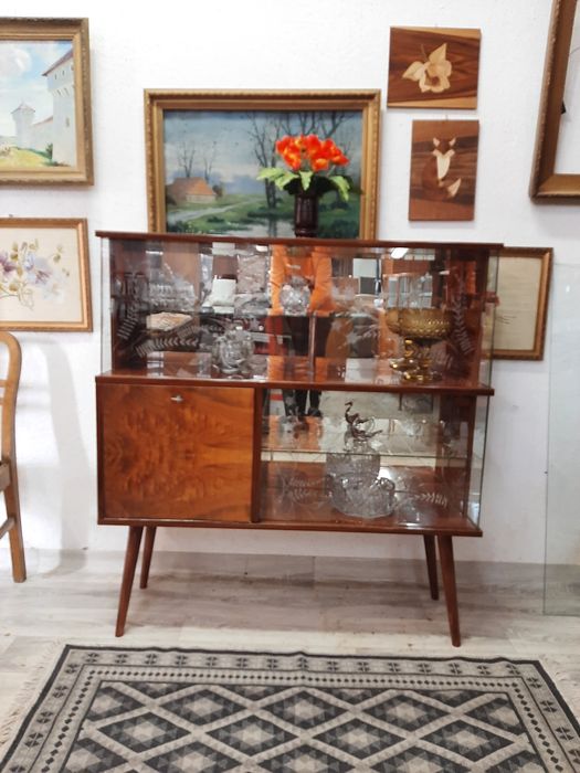 Komoda/Witryna vintage z grawerowanymi szybami | lata 50/60 | oryginał