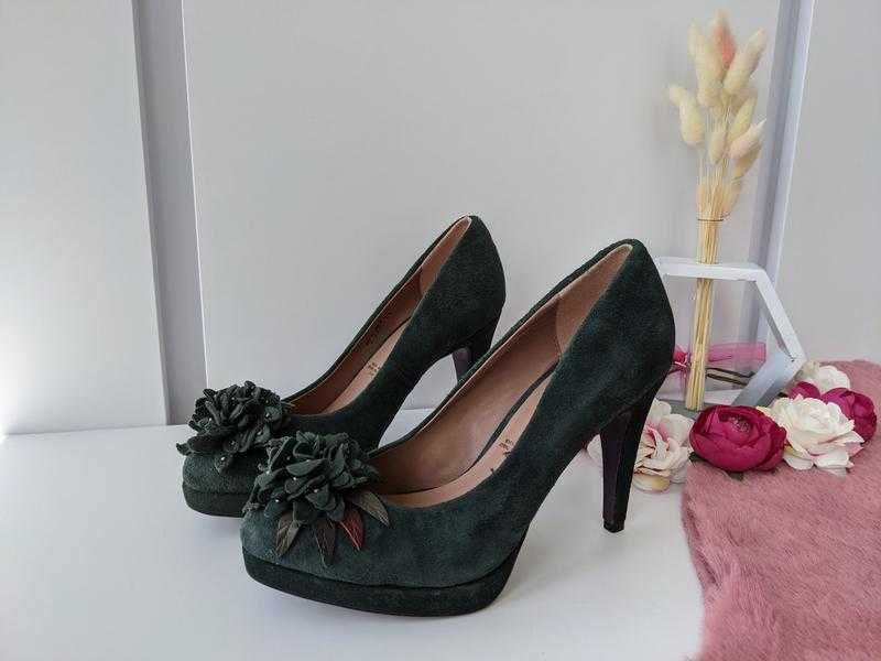 Елегантні замшеві туфлі 5th avenue зелені натуральна шкіра з квіткою