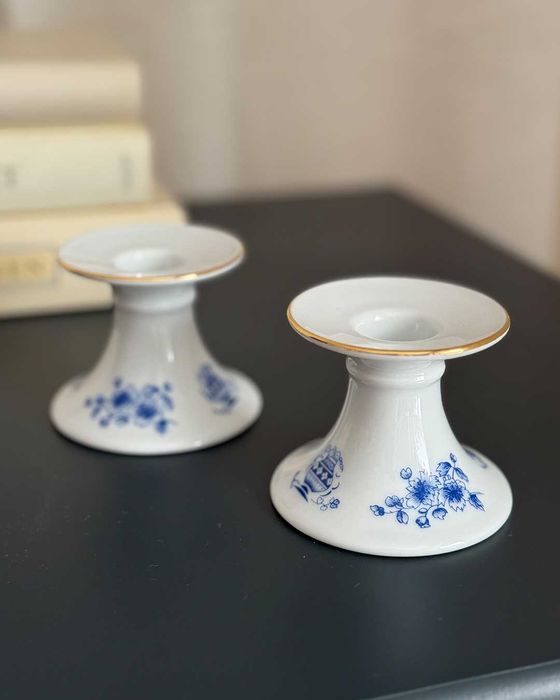 Komplet porcelanowych świeczników Seltmann Weiden | biało-kobaltowe