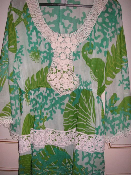 Vestido de Verão Branco e Verde e Branco Algodão ( Índia )