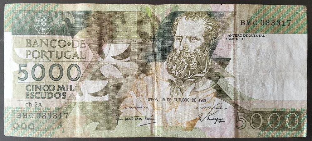 Lote 8 Notas 5000$ 1987/1989/1991/1993 Antero Quental Excelente Estado