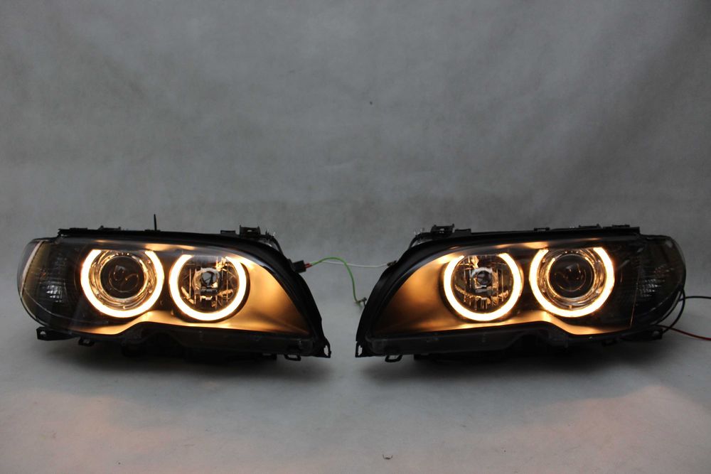 Lampy reflektory przednie przód BMW E46 COUPE 03-05 H7 Angel Eyes Soczewki RINGI BLACK SMOKE NOWE