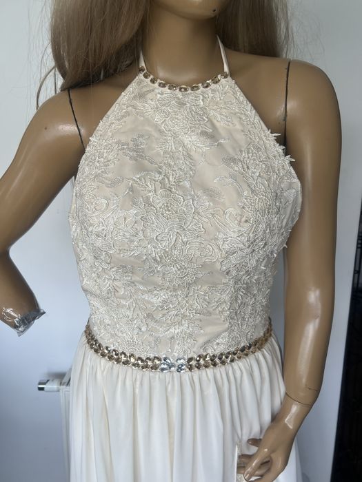 Suknia ślubna Wesele ecru kremowa S / XS z trenem szyfon