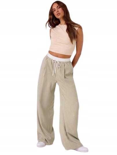 Shein spodnie casual baggy ze sznurkiem w pasie beżowe s 1hb