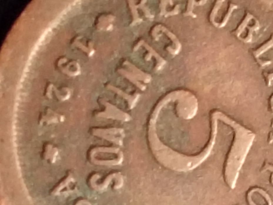 5 centavos - Republica Portuguesa 1924 - Bronze - Com erros de cunho