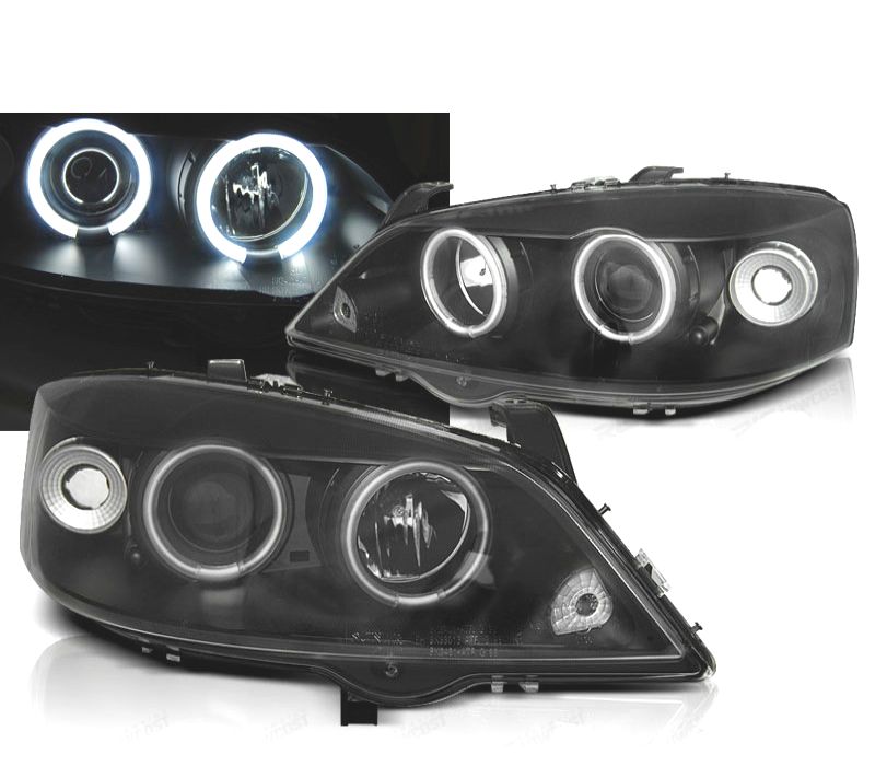 CONJUNTO DE FARÓIS PARA OPEL ASTRA G 97-04 ANGEL EYES LUZ DIURNA PRETOS