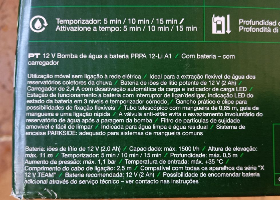 Bomba de água a bateria Parkside 12V