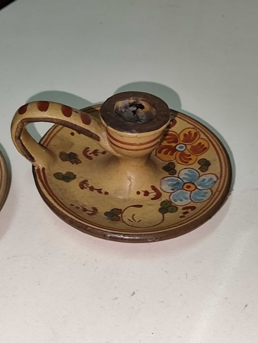 Antigo Par de castiçais em ceramica do algarve pintados a mao