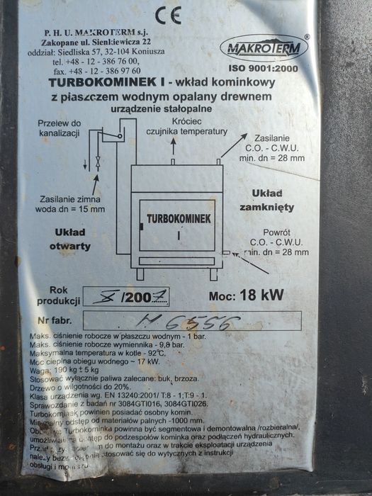 Kominek z płaszczem wodnym  18kw i 20kw