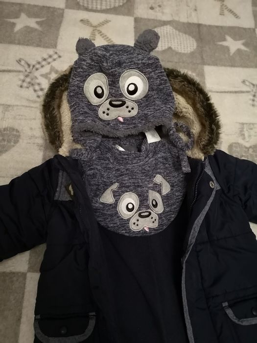 Smyk, jak nowy Komplet zimowy, kombinezon, czapka, komin, 74-80