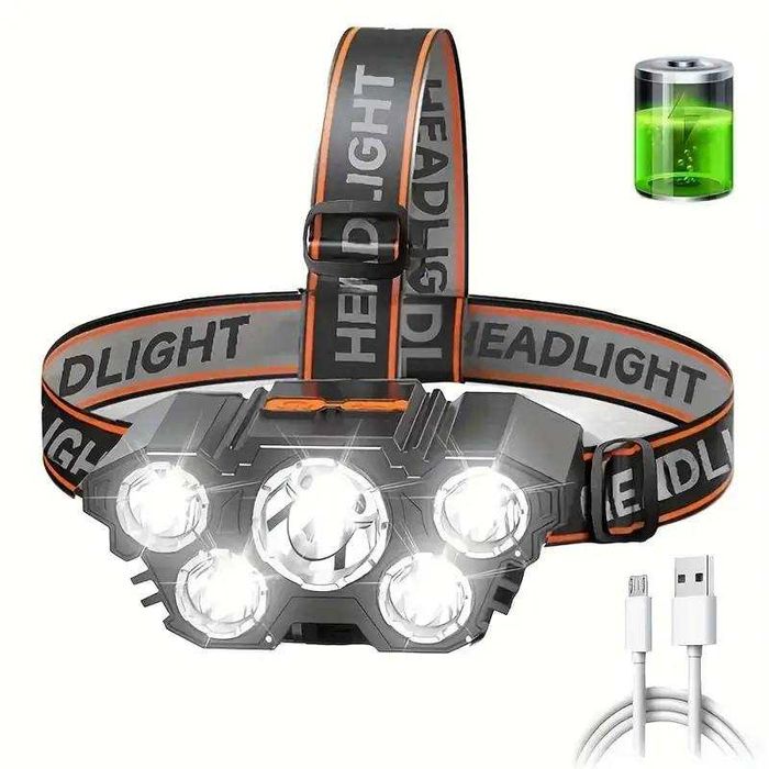 Lanterna Frontal 5 luzes LED, Carregável USB. 4 modos iluminação. Nova