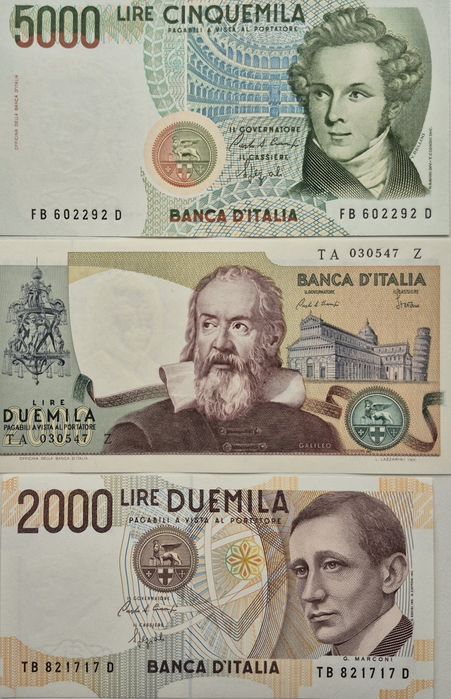 Італія 2000 лір 1973 та 1990 р. 5000 лір 1985 р. 3 банкноти UNC