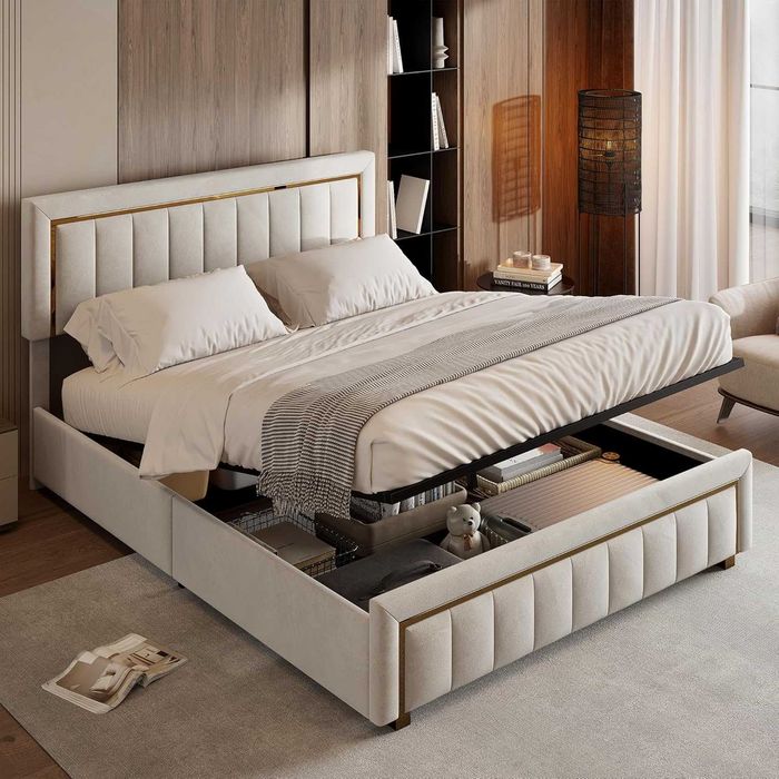 Cama c/ estrado elevatório Bege e Dourada