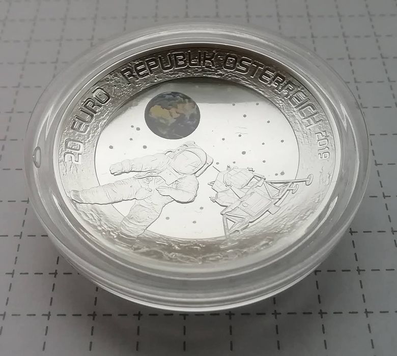 Австрія 20 євро 2019р. СРІБЛО. ПРУФ. Висадка на Місяць. Сертифікат