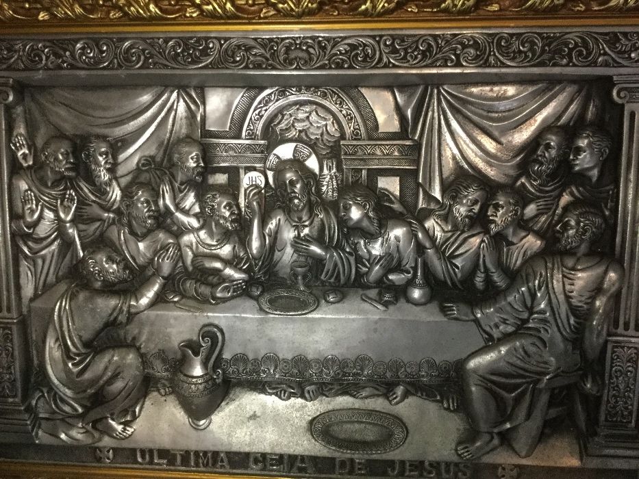 Última Ceia moldura talha dourada séc XIX Arte Sácra 1,10cm folha Ouro