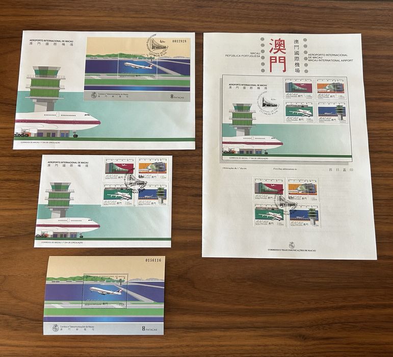 Bloco de selos e envelopes 1 dia de circulação do “Aeroporto Internacional de Macau” Macau, 8 de dezembro 1995