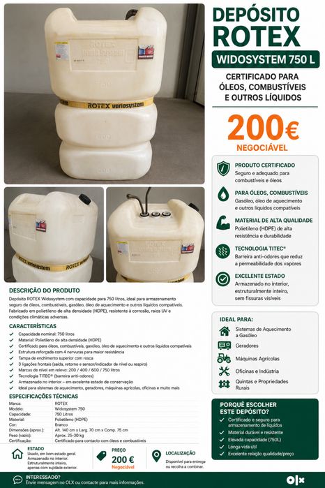 Depósito ROTEX Widosystem 750L – Certificado para Gasóleo / Óleo de Aquecimento