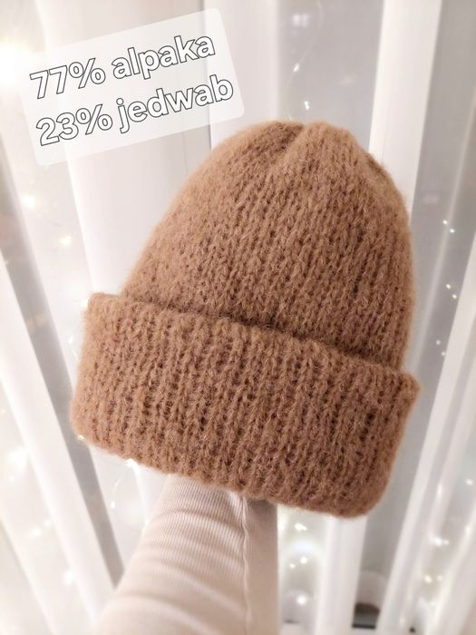 Puchata czapka alpaka i jedwab ciepły beż kamel camel