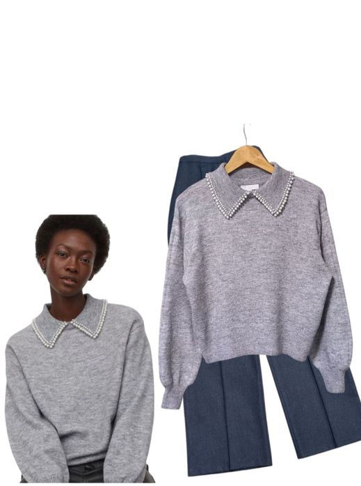 Сірий светр з красивим коміром з перлин  S