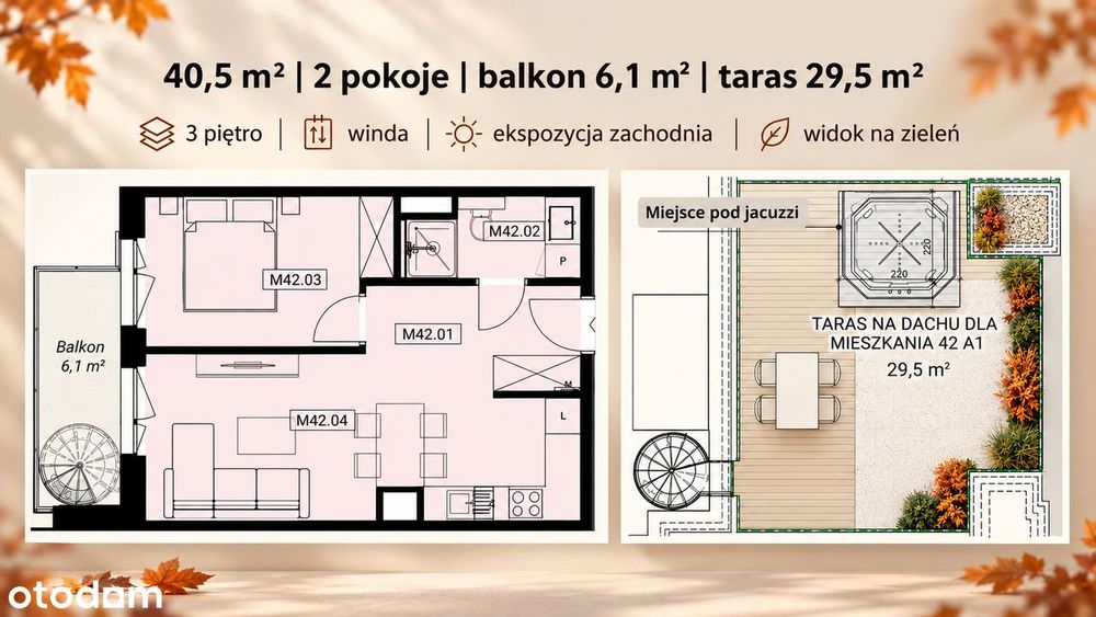 2 pokoje premium, balkon i prywatny taras na dachu