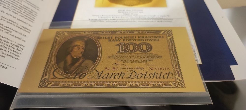 Kolekcjonerski banknot 100 Marek Polskich – Złoty plater + Certyfikat