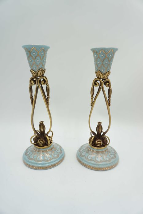PARA świeczników bękitne porcelana z brązem