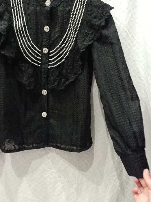 Czarna koszula koronkowa z koralikami nowa retro M/L