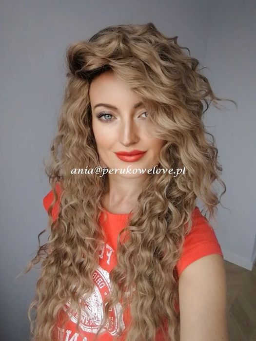 Peruka karmelowy blond brąz OMBRE afro loki kręcone WŁOSY jak naturaln