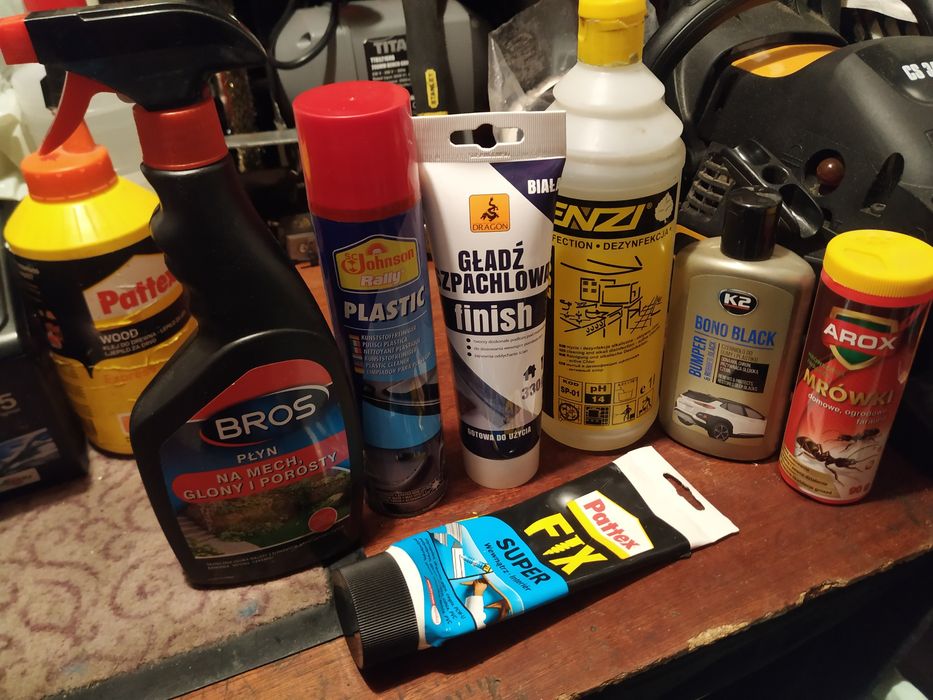 Płyn do dezynfekcji ,Bros na mech i glony, Gładź ,K2 czernidło do gumy
