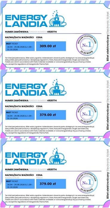 Energylandia trzy dwudniowe bilety (2 bilety dla dorosłych i 1 dla dziecka)