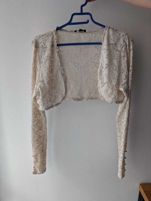 Koronkowe bolerko Mango – kremowe, długi rękaw, rozmiar L