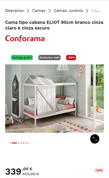 Cama tipo cabana ELIOT 90cm branco cinza claro e cinza escuro
