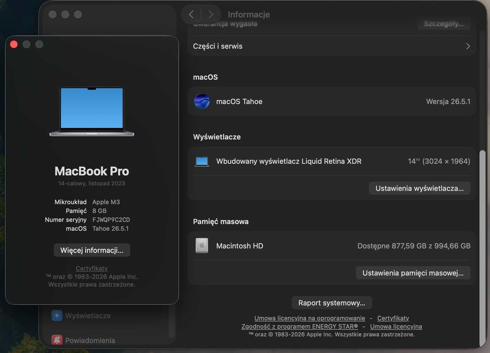 MacBook Pro M3 , 1TB SSD, 8GB Ram, stan bdb