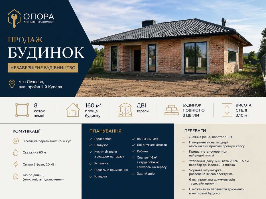 Цегляний будинок 160 м², Лезнево, 8 соток, панорамні вікна. HH
