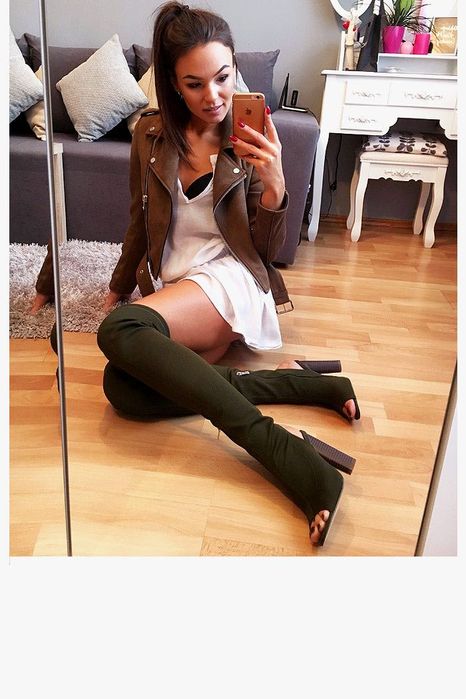 Kozaki nowe zielone słupek khaki 39 odkryte palce