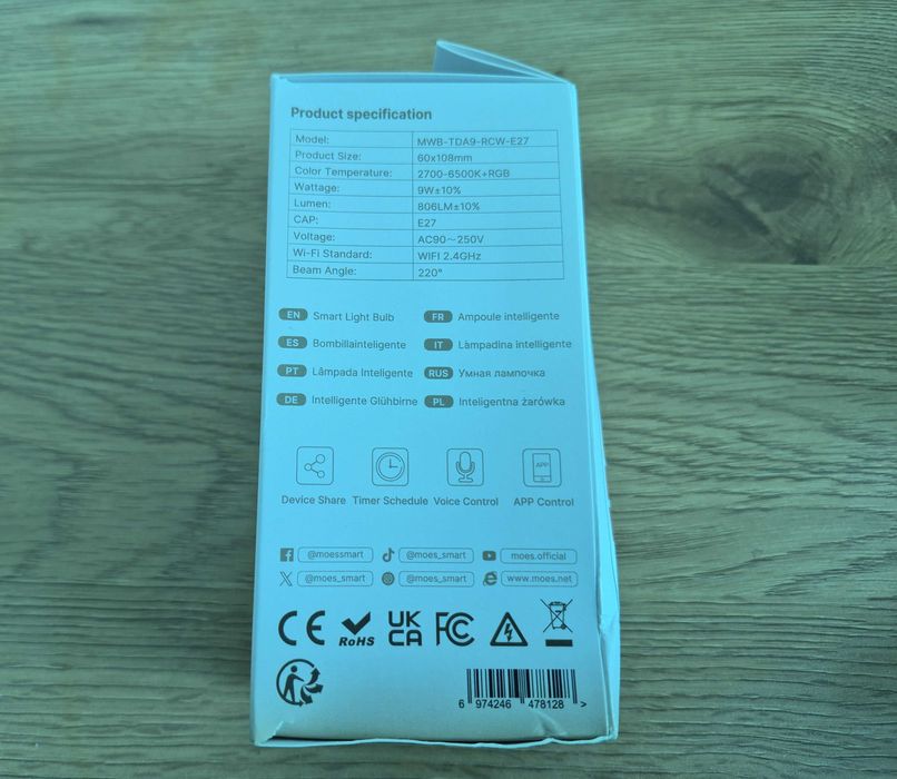 Inteligentna Żarówka Matter RGB LED E27 Moes MWB-TDA9-RCW-E27 Tuya + Gratis