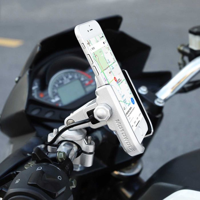 Держатель смартфона с USB зарядним алюминий чорний/сірий MOTOWOLF
