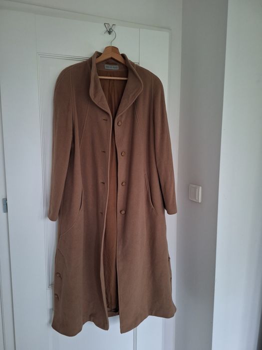 damski długi beżowy wełniany plaszcz wełna kaszmir 40 L
