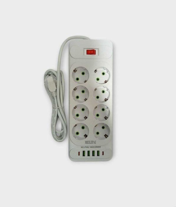 Мережевий фільтр, подовжувач на 8 розеток чорний/білий