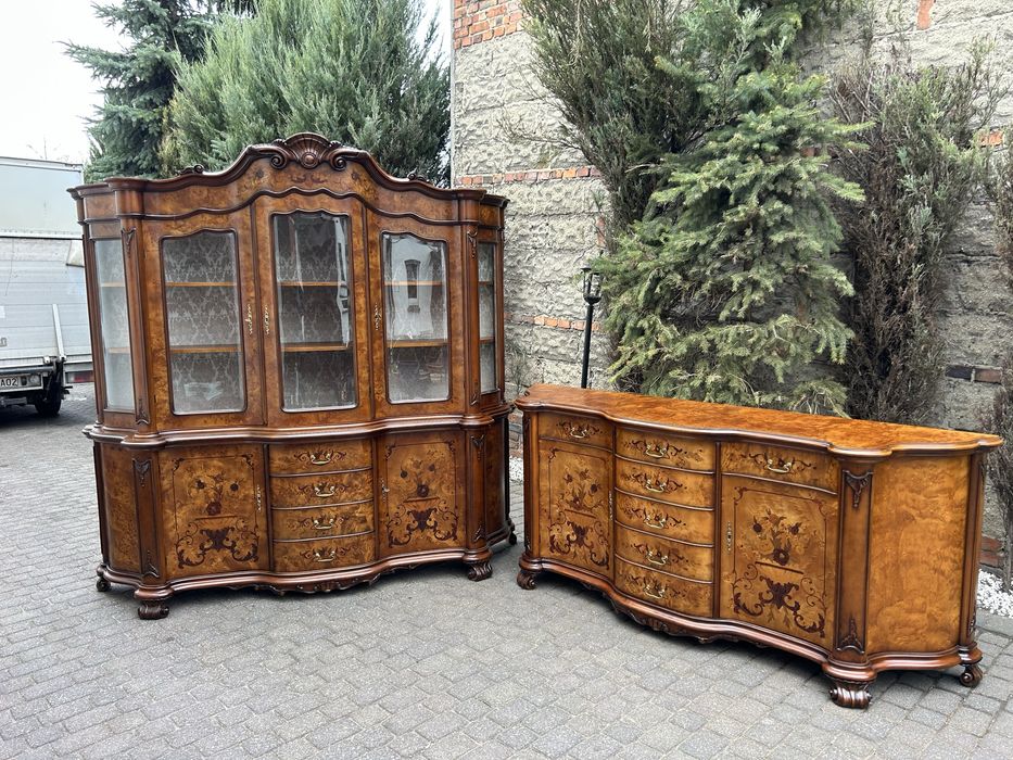 Stylowa Komoda + Witryna Kredens Intarsja Biblioteka Po Renowacji