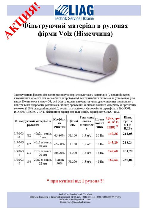 Фільтруючий матеріал в рулонах,клас G2,G3,G4 для вентиляції,грибництва