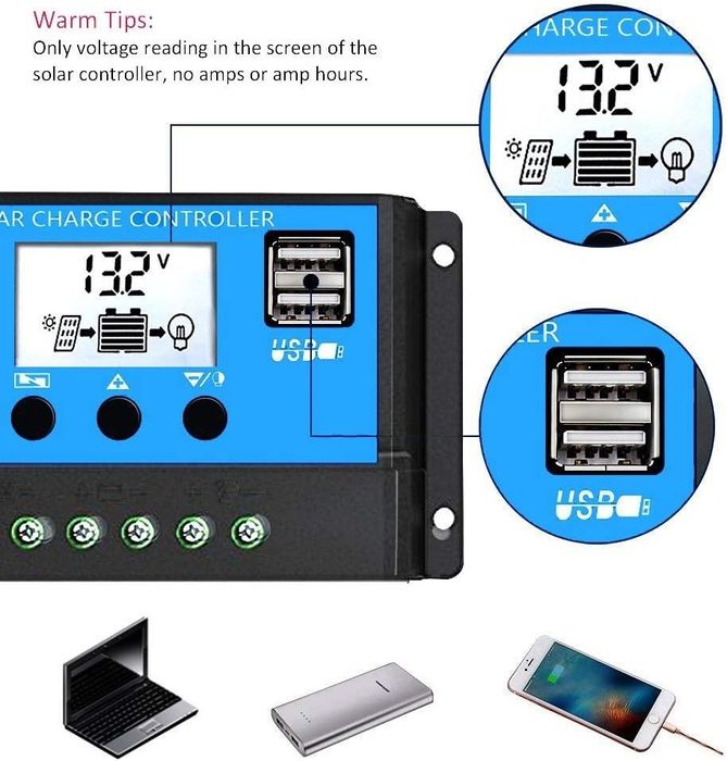 Regulator ładowania 20A PWM solar 12V 24V LCD USB Kampery