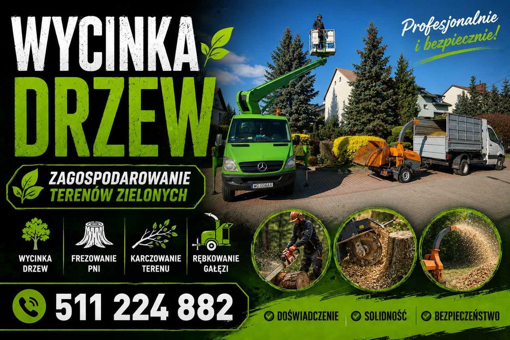 Wycinka i przycinka drzew, krzewów + rozdrabnianie gałęzi