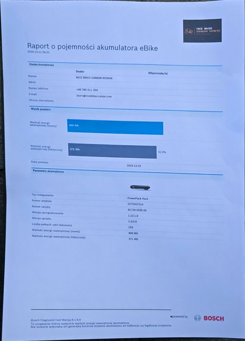 Bateria Akumulator BOSCH POWERPACK 400wh na bagażnik 153 cykle 93% spr