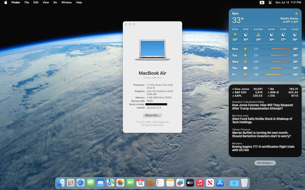 Macbook Air 2012 4GB 128SSD i5 1,7Ghz (Sonoma(CPU),BigSur(GPU),Win11)