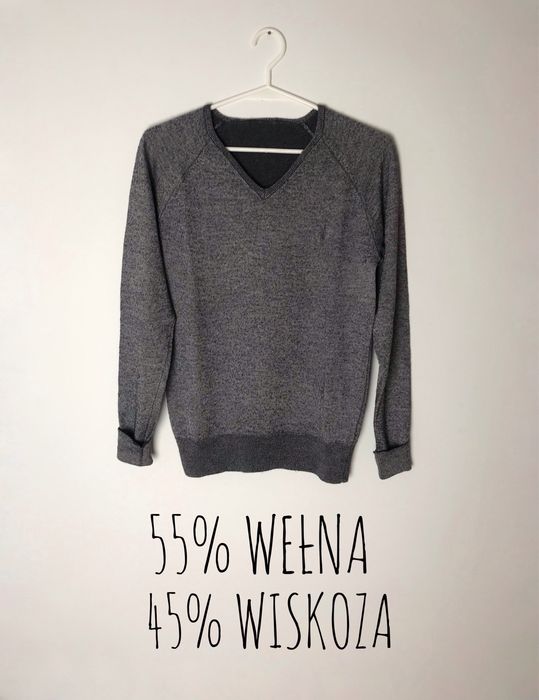 Ciemnoszary wełniany wiskozowy sweter z dekoltem V neck