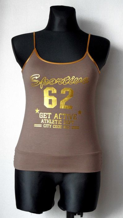 Bluzka O&L top cappuccino na złotych ramiączkach ze złotą grafiką L/XL