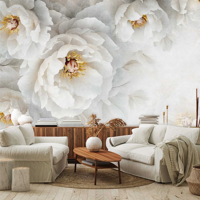 Fototapeta Biały Kwiat Porcelana Złoto Beż 3D Twój Rozmiar + KLEJ