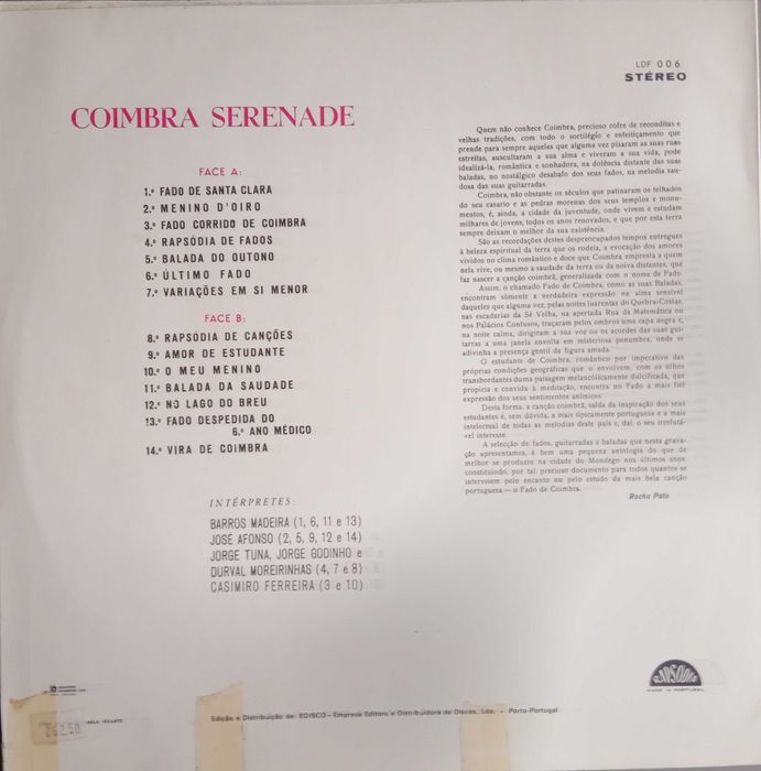 José Afonso, Barros Madeira, etc. - - - - - Coimbra Serenade	- - - 	LP